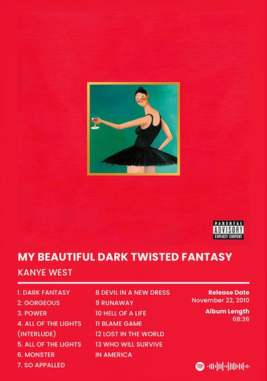 Music Poster Kanye West My Beautiful Dark Twisted Fantasy Ms091 40cm X 50cm Κορνίζα Φυσικό Ξύλου Μπεζ 62388pd156306f55316