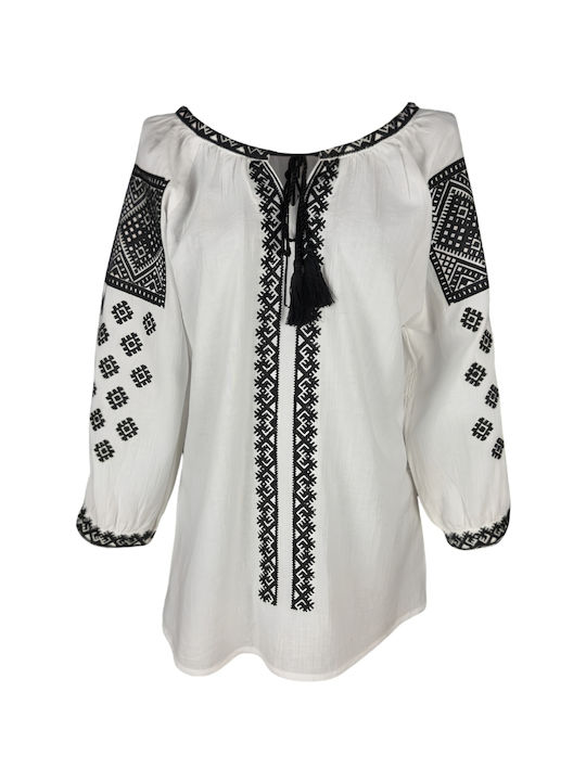 Bluza Damă Bumbac Mânecă Lungă Alb/Portocaliu