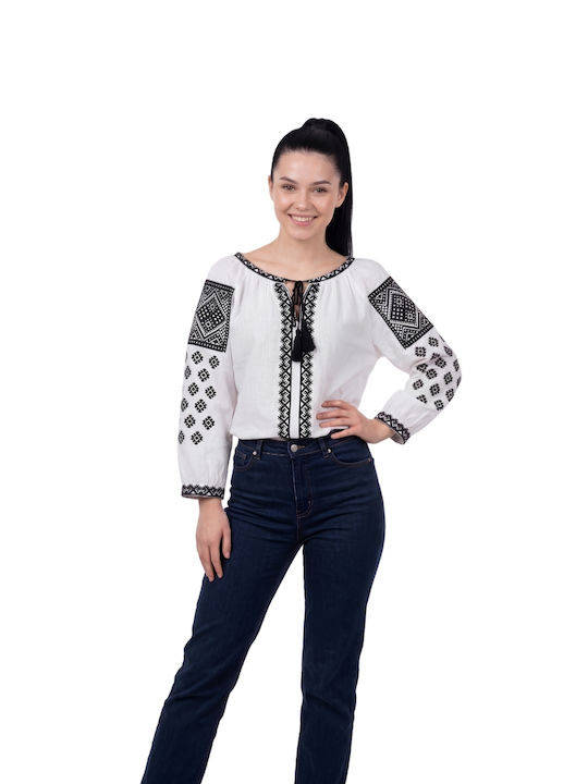Bluza Damă Bumbac Mânecă Lungă Alb/Portocaliu