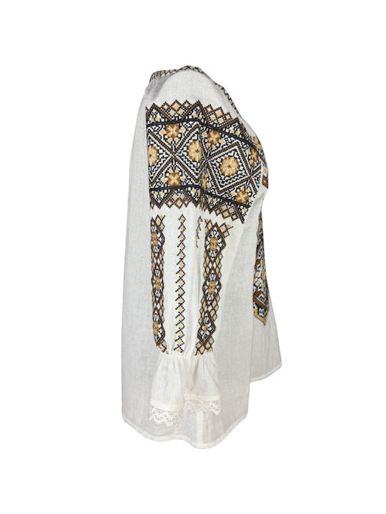 Bluza Damă Bumbac Mânecă Lungă Alb/Portocaliu