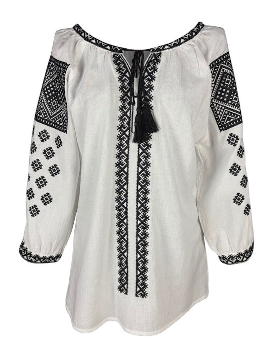 Bluza Damă Bumbac Mânecă Lungă Alb/Portocaliu