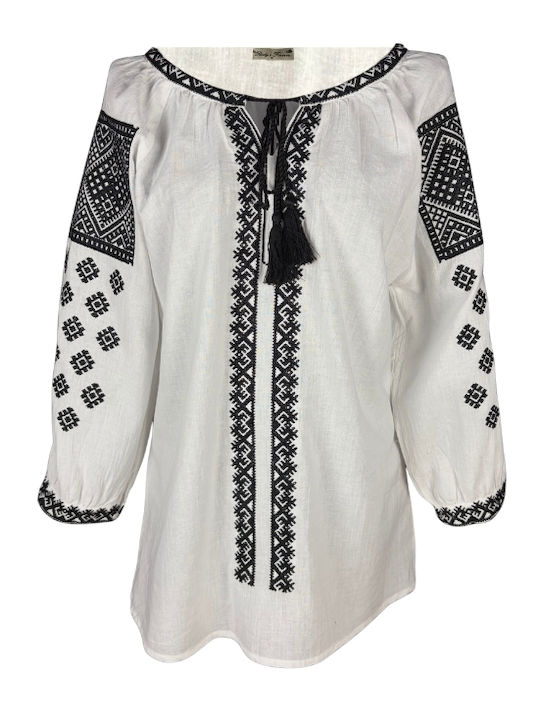 Bluza Damă Bumbac Mânecă Lungă Alb/Portocaliu