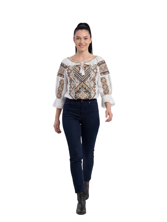 Bluza Damă Bumbac Mânecă Lungă Alb/Portocaliu