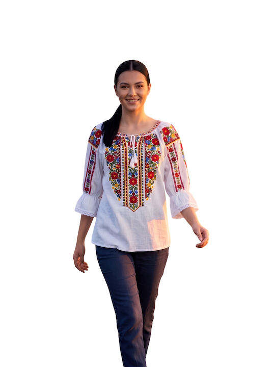 Bluza Damă Bumbac Mânecă Lungă Alb/Portocaliu
