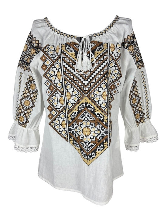 Bluza Damă Bumbac Mânecă Lungă Alb/Portocaliu