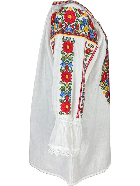 Bluza Damă Bumbac Mânecă Lungă Alb/Portocaliu