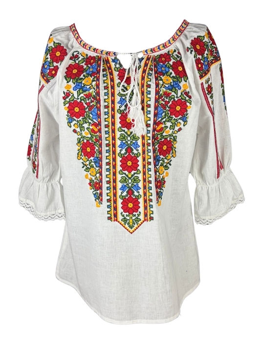 Bluza Damă Bumbac Mânecă Lungă Alb/Portocaliu