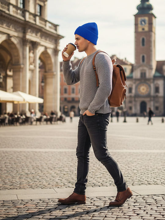 Beanie Unisex Beanie with Rib Knitting in Blue Colour