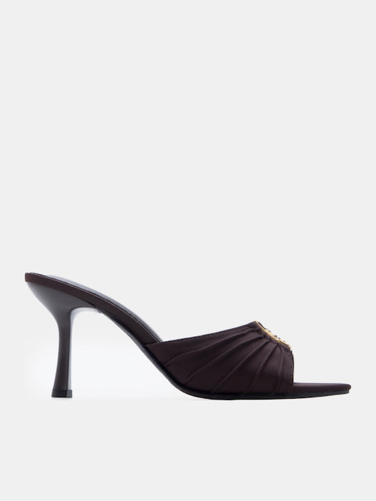 Satin Mules With High Heel In Brown Colour