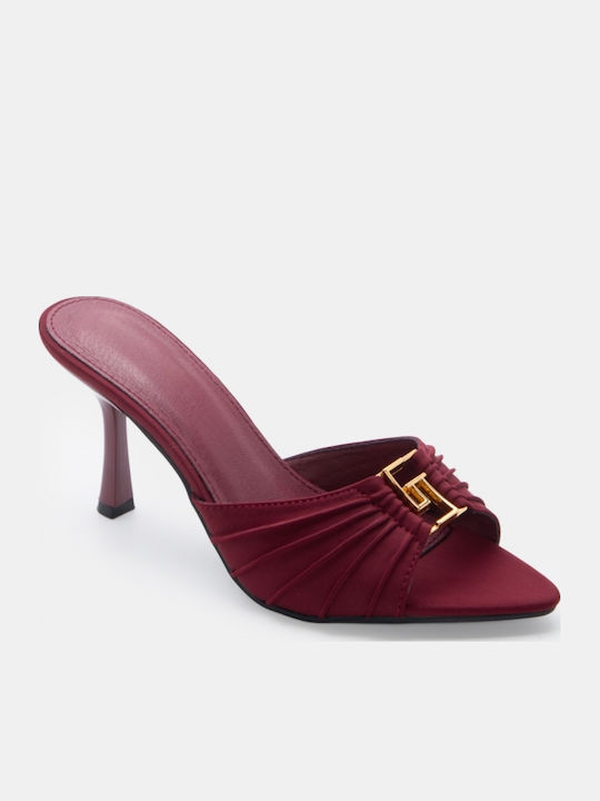 Satin Mules With High Heel In Burgundy Colour