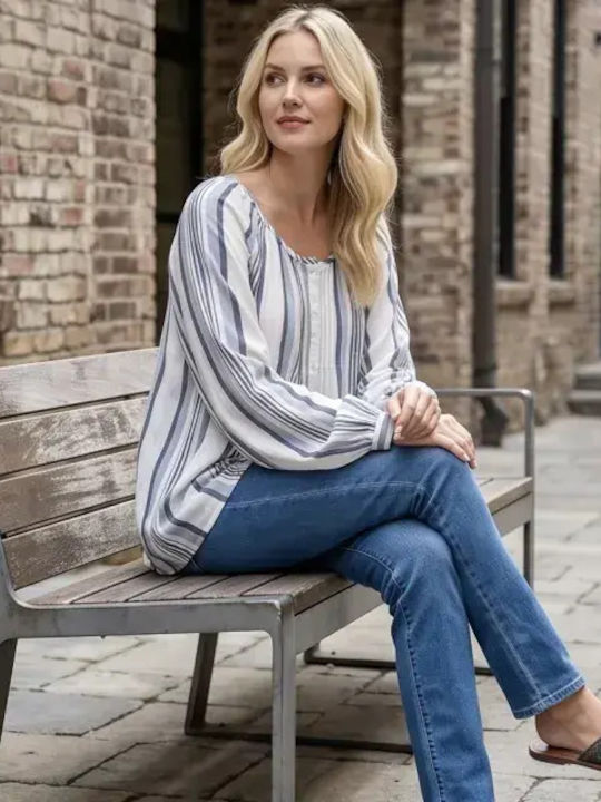 Damen Langärmeliges Gestreiftes Bluse Blau