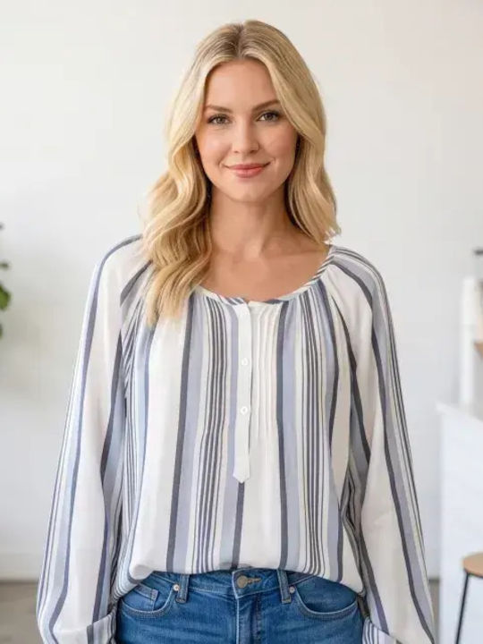 Damen Langärmeliges Gestreiftes Bluse Blau