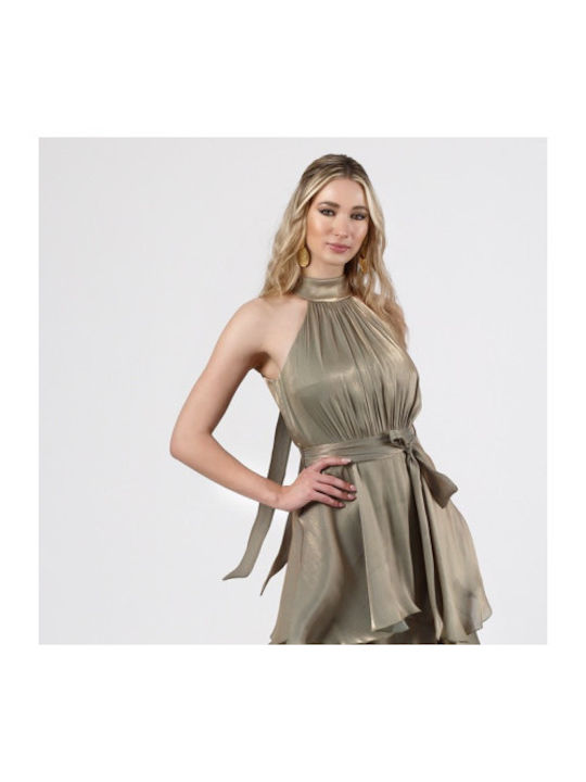 Summer Maxi Satin Dress with Ruffles Iridescent Olive