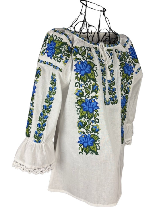 Bluza Damă Bumbac Mânecă Lungă Alb/Portocaliu