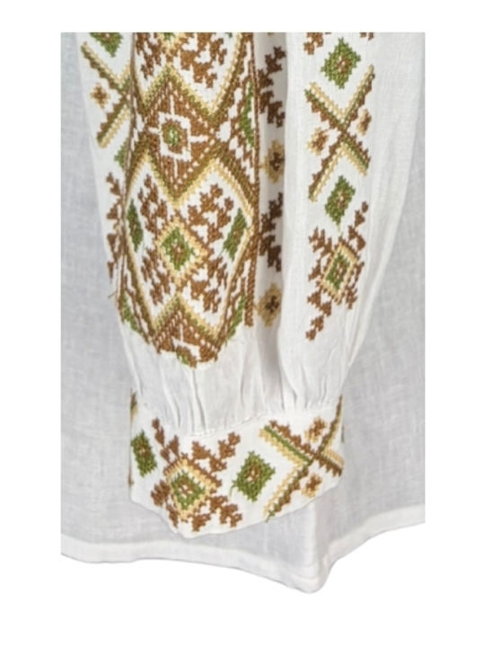 Bluza Damă Bumbac Mânecă Lungă Alb/Portocaliu