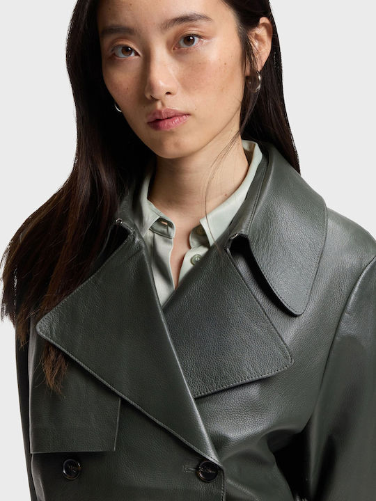 Short Leather Women's Jacket for Winter Olive