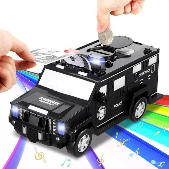 Pușculiță electronică Mașină de Poliție Cod PIN Amprentă Monede Bancnote Neagră