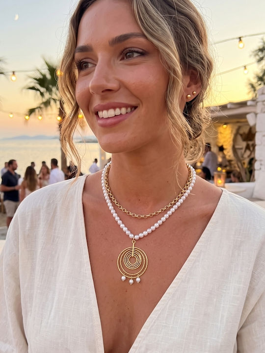 Oxette Necklaces Double from Gold Plated Steel with Pearls