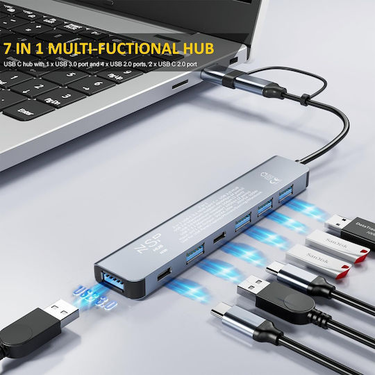 NSP N38 Hub 7 Θυρών USB 3.0 με σύνδεση USB-A / USB-C Ασημί
