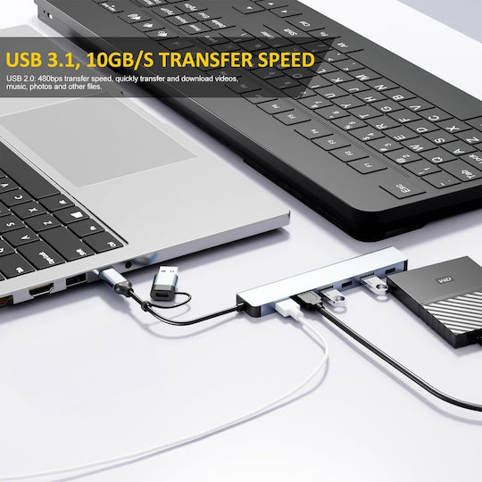 NSP N38 Hub 7 Θυρών USB 3.0 με σύνδεση USB-A / USB-C Ασημί