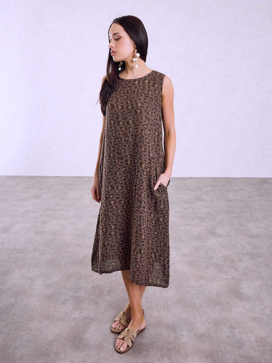 Celestino Rochie de Damă Midi Animal Print Loose Fit Maro