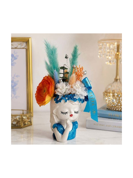 Decorațiune Ceramică Fata Visătoare Begonia Din Lemn Flori Texturate Plante Criogenate Albastre 21x6 Cm