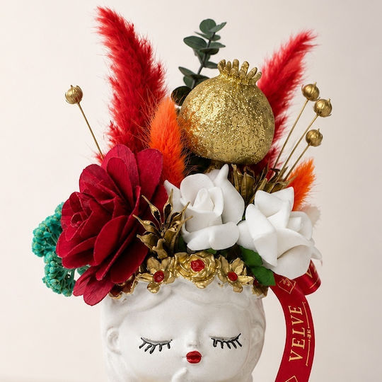 Ceramic Decoration Dreaming Girl Burgundy Red Wooden Begonia Cryogenized Flowers Gold 21x6 Cm