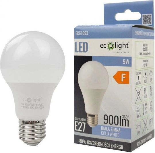 Eco Light Bec LED 9W Pentru Bază E27 și Formă A60 Alb Rece 900 Lumen