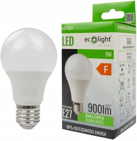 Eco Light Bec LED 9W Pentru Bază De Bec E27 Și Formă A60 Alb Cald 900 Lumen