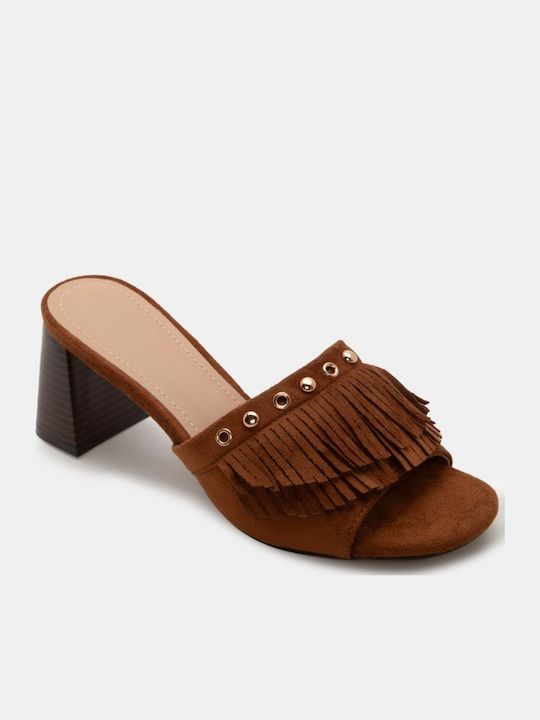 Suede Mules With Low Heel In Brown Colour