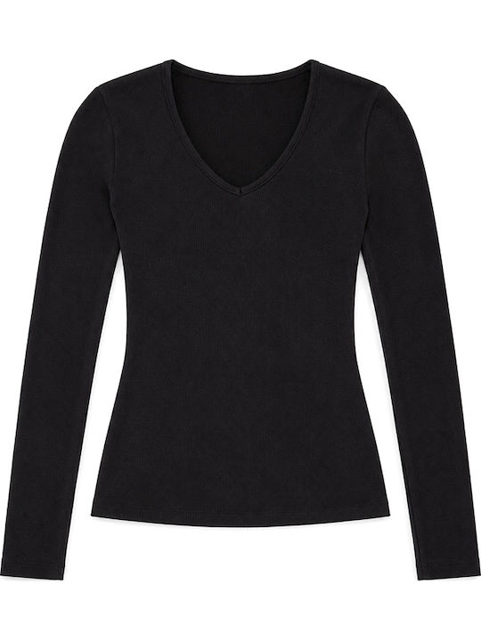 Women's Cotton Long Sleeve Blouse with V-Neck Black