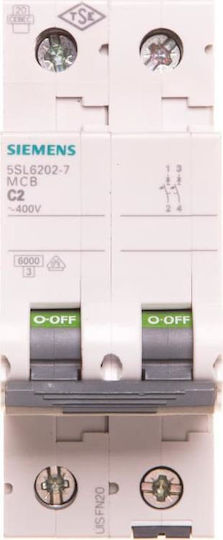 Overcurrent Circuit Breaker 2p C 2a 6ka Ac 5sl6202-7