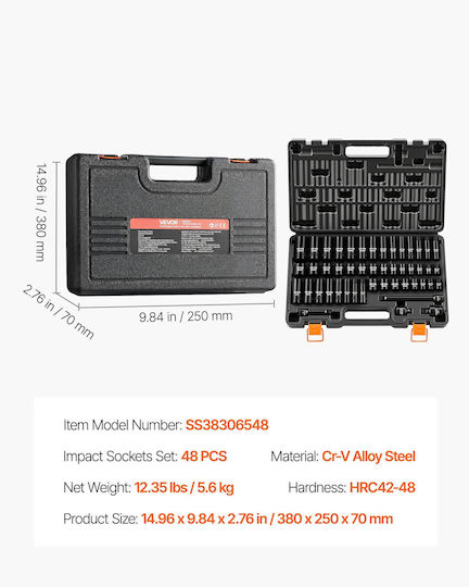 Vevor Комплект Ключови Гайки Ударни 3/8" 48 Бройки 6 Ъгъла Sae 5 16"-3 4" Метрични 8-22 Mm Удължител Адаптор Кутия Cjttzjcrvcz4aohc5001v0