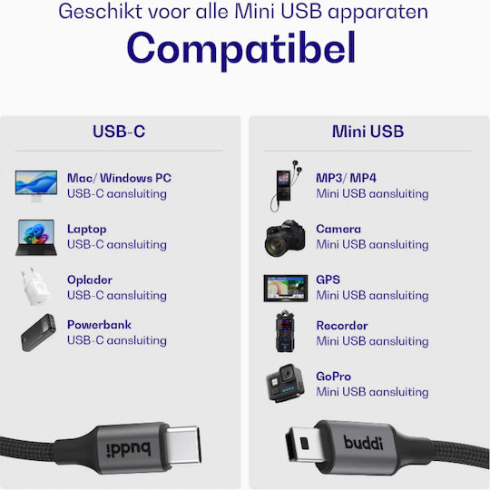 Buddi Flex Cable USB-C male - mini USB-A 12W Black 2m