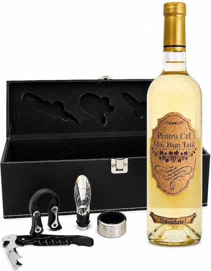 Set Premium Vin "Best Dad" Casetă Din Piele Ecologică 4 Accesorii Somelier Vin Alb Personalizat