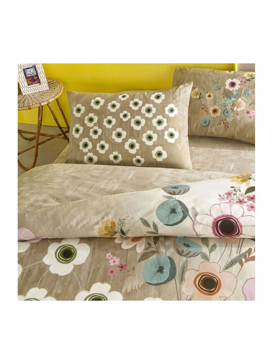 Tac Set Huse Pentru Pilote 100% Bumbac 200x220cm Dublu Cu 2 Fețe De Pernă & 1 Cearșaf Bej Model Floral