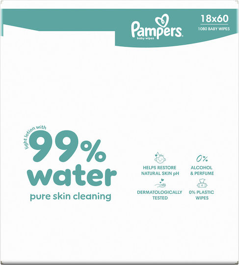 Pampers 99% Apă Șervețele Umede Hipoalergenice pentru Bebeluși cu 99% Apă fără Parfum Alcool și Parabeni 18x60buc