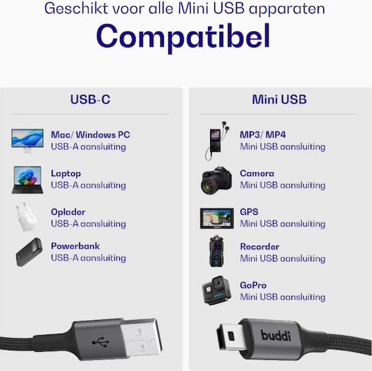 Buddi USB 2.0 Кабел USB-A мъжки - mini USB-A мъжки Черен 0.3m