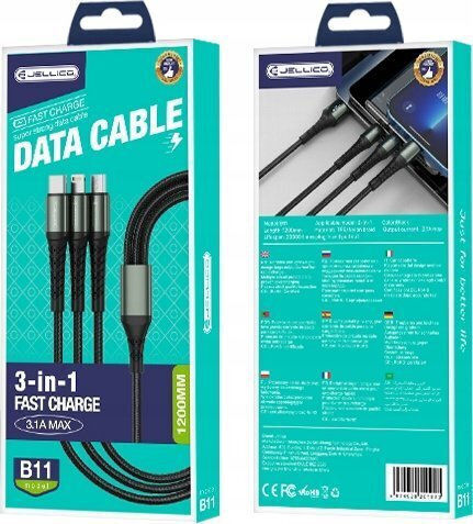 Jellico USB to Lightning Type-C micro USB Cable 3.1A Black 1.2m