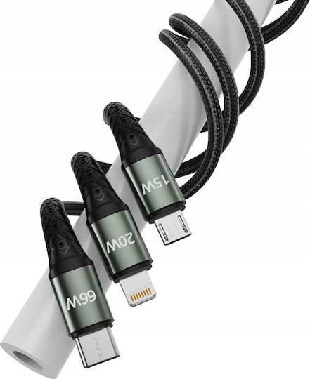 Jellico USB to Lightning Type-C micro USB Cable 3.1A Black 1.2m