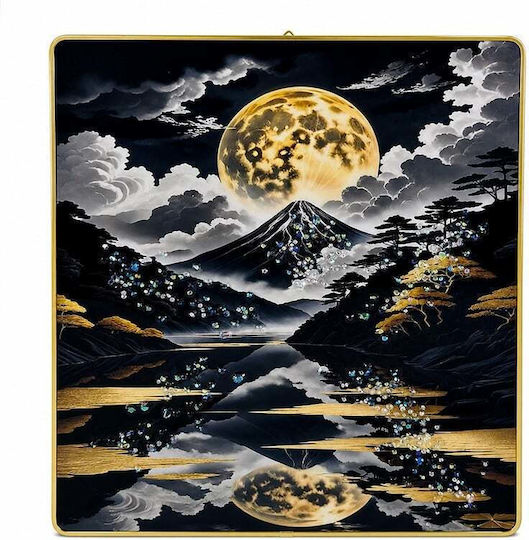 Pictură Decorativă Modernă Mount Fuji Lună Plină 3D Embosată Cristale Cadru Auriu 40x30 Cm