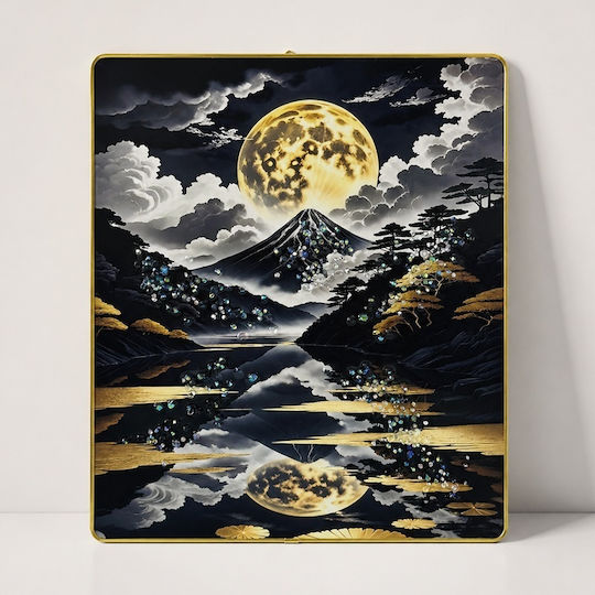 Pictură Decorativă Modernă Mount Fuji Lună Plină 3D Embosată Cristale Cadru Auriu 40x30 Cm