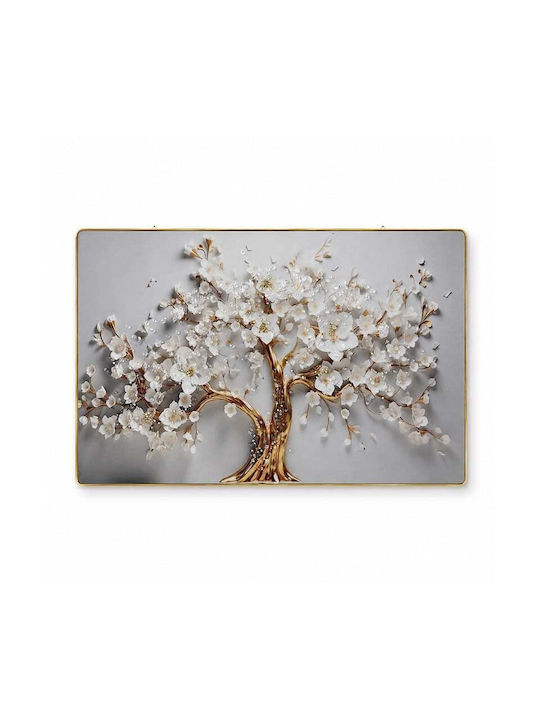 Pictură Decorativă Modernă Copac Înfloritor 3D Flori Albe Cristale Cadru Aurit 60x40 Cm