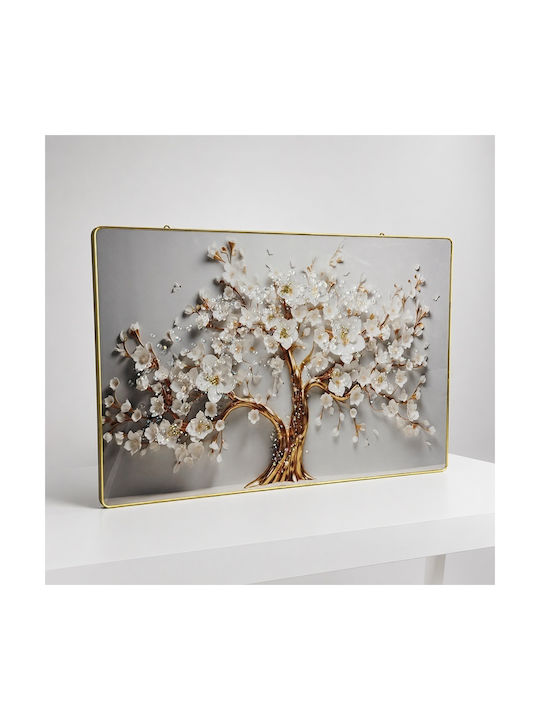Pictură Decorativă Modernă Copac Înfloritor 3D Flori Albe Cristale Cadru Aurit 60x40 Cm