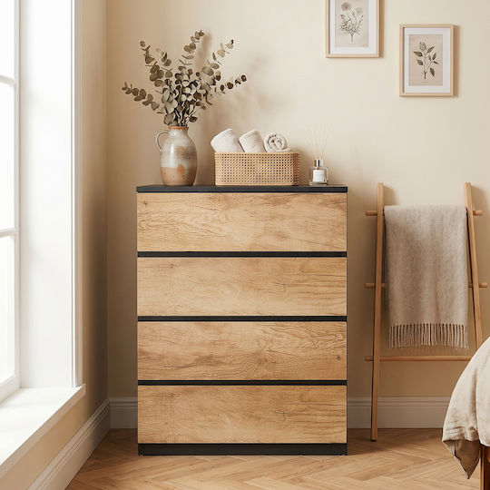 Kommode Schlafzimmer Holz mit 4 Schubladen Schwarz/Eiche 60x39x80cm