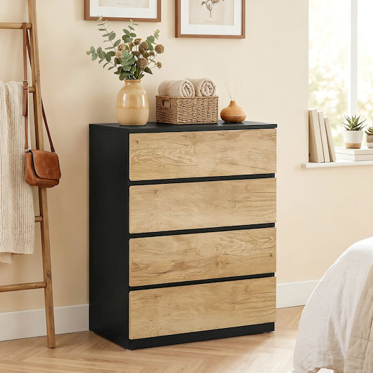 Kommode Schlafzimmer Holz mit 4 Schubladen Schwarz/Eiche 60x39x80cm
