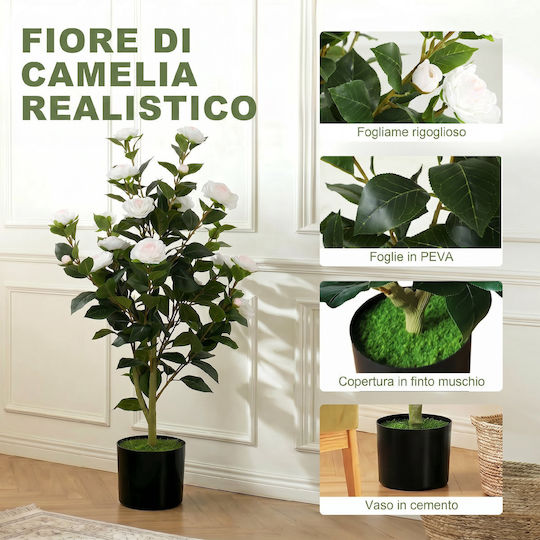 HomCom Artificial Camellia Realistic Flowers 176 Leaves Peva Black Pot Pp Cement White 83c-225v00wt
