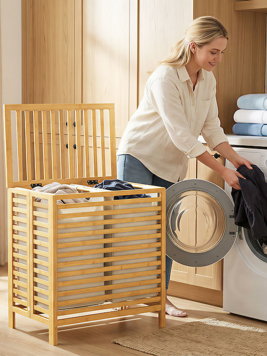 HomCom Кошница за пране Bamboo Сгъваема 64lt с Капак Бяла