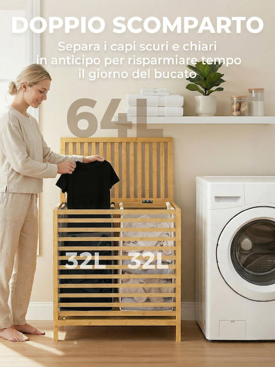 HomCom Кошница за пране Bamboo Сгъваема 64lt с Капак Бяла
