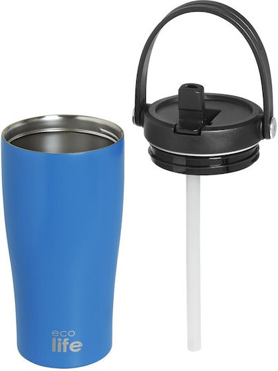 Ecolife Handled Tumbler Θερμός BPA Free 600ml Blue με Καλαμάκι και Λαβή